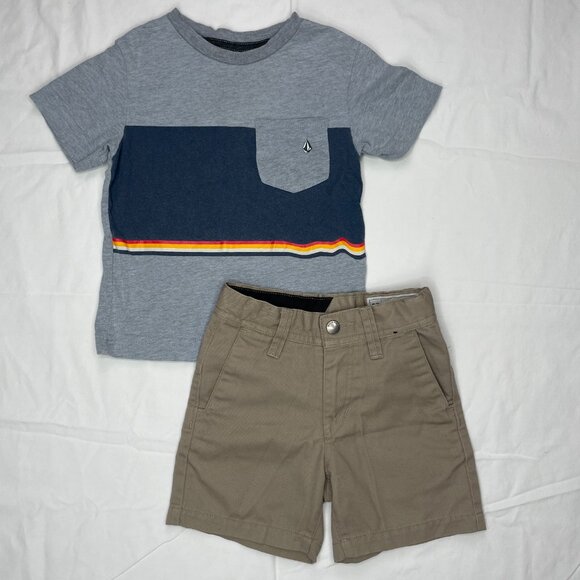 Volcom Baby Toddler Boy 2-Piece Outfit Blue Striped Shirt & Khaki Shorts Set 2T - Picture 2 of 12